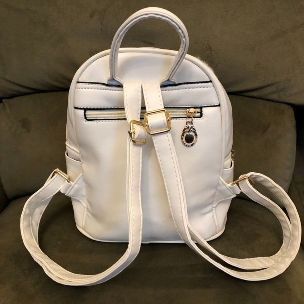 NWOT Mini Backpack Pom Cute Small Backpack Purse Vegan Leather White Cream Bag - Picture 3 of 16